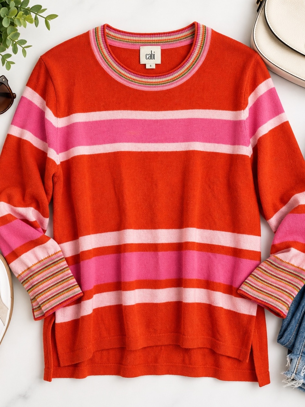 cabi Striped Crewneck Sweater in Red and Pink